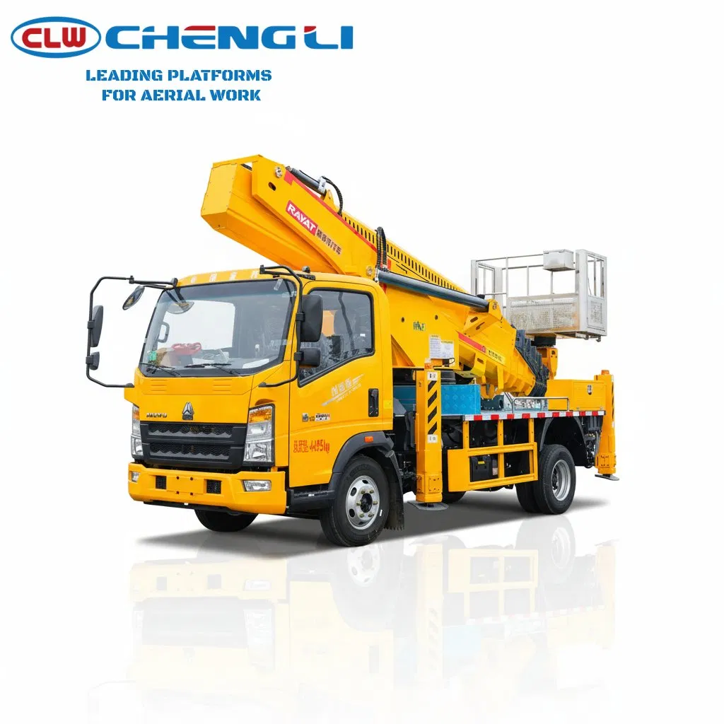 รถกระเช้าทำงานที่สูง 33 เมตร แขนยืดเจ็ดม้วน บนแชสซี HOWO 4×2 ควบคุมด้วยรีโมท