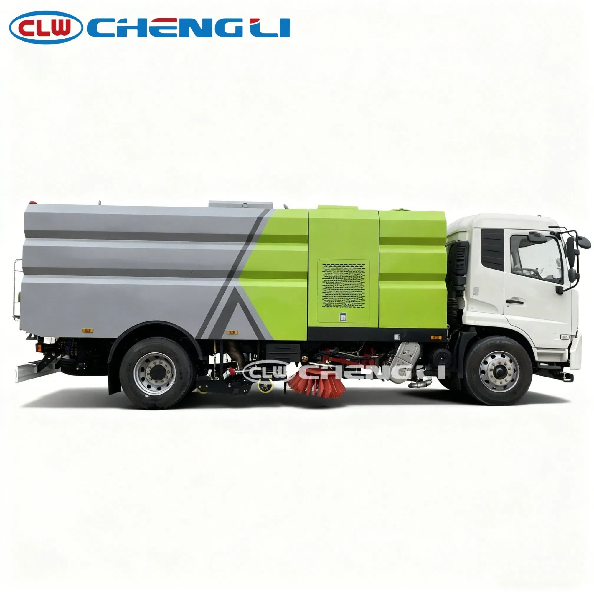 รถกวาดถนน Dongfeng Tianjin มุมด้านข้าง เห็นชุดแปรงใต้ตัวรถ